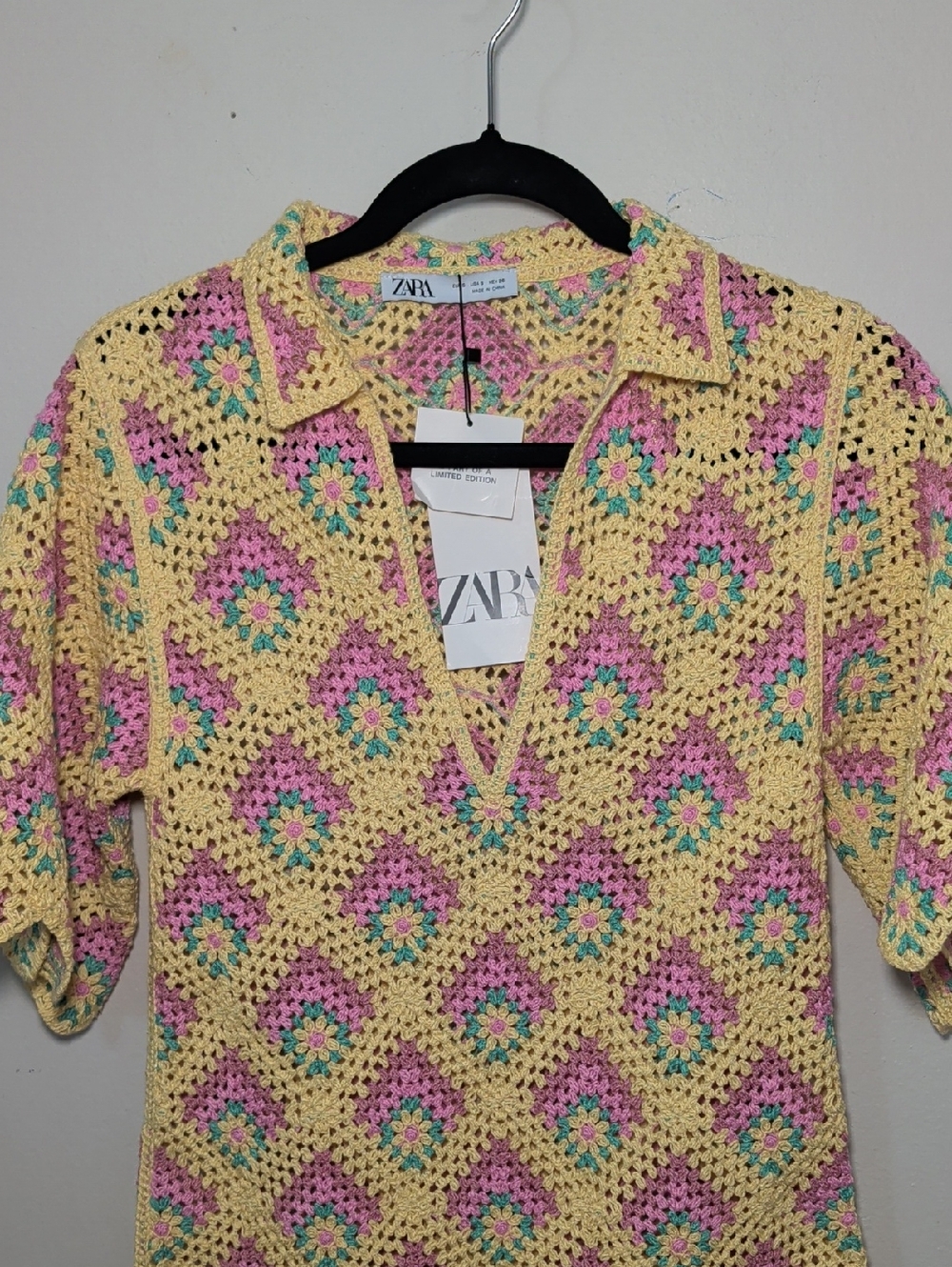 Zara Limited Release Crochet Knit Mini Dress Yellow Pink Green Boho NEW Size S - Picture 5 of 9